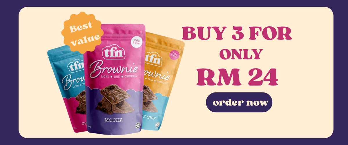 TFN Brownie banner - RM24 deal for 3 crunchy brownies packs